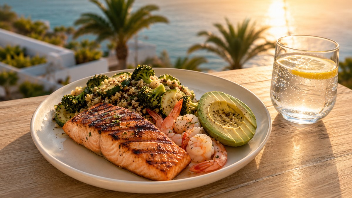 Assiette équilibrée sportive avec saumon grillé, quinoa et légumes sur une terrasse ensoleillée en bord de mer
