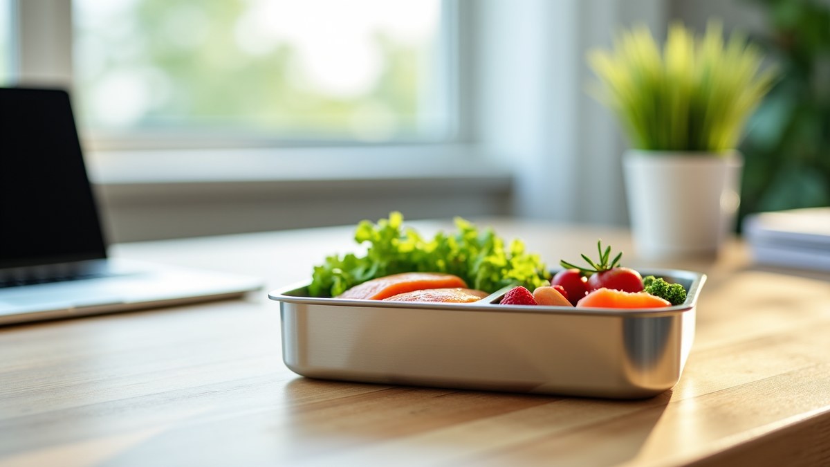 Lunch box en inox posée sur un bureau en bois avec salade, saumon, tomates cerises et un laptop en arrière-plan