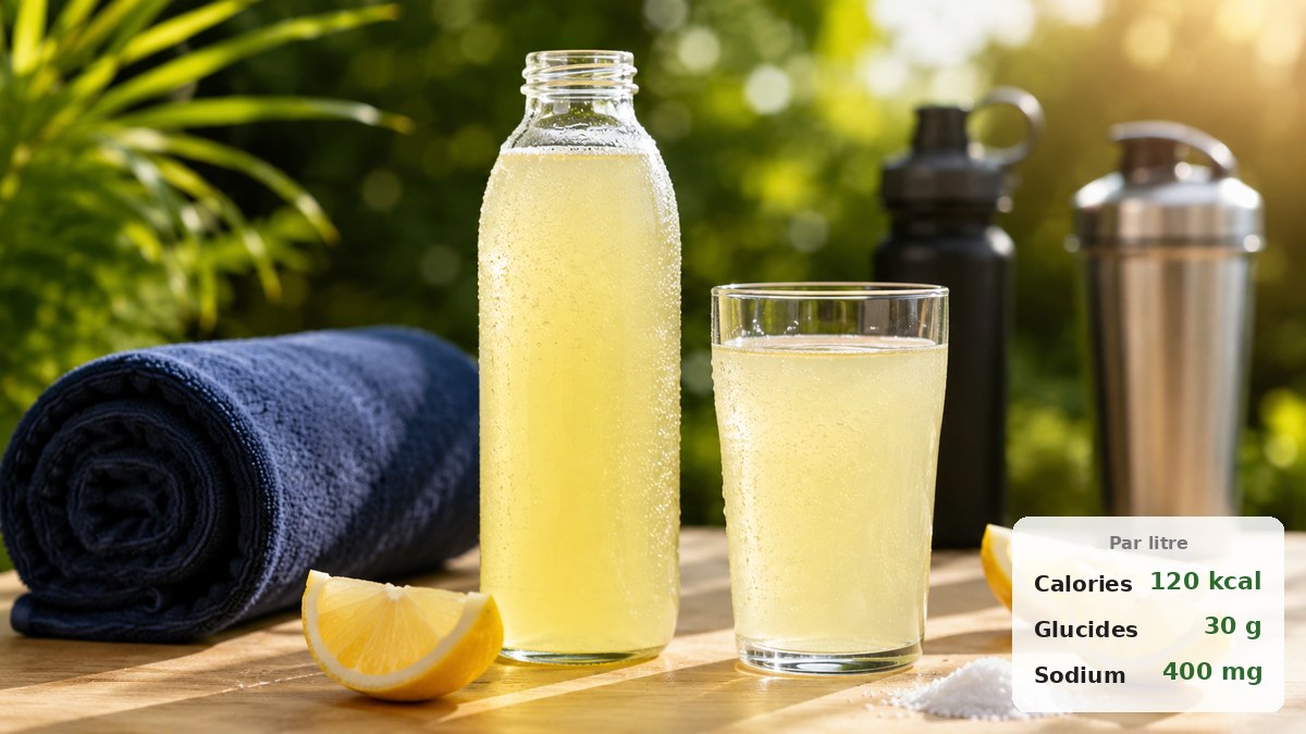 Bouteille et verre d'une boisson isotonique maison au citron avec quartiers de citron et cristaux de sel sur un plan de travail bois clair