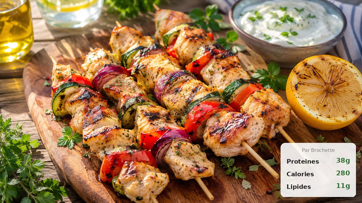 Brochettes de poulet marinées au yaourt grec grillées au barbecue avec poivrons et courgettes