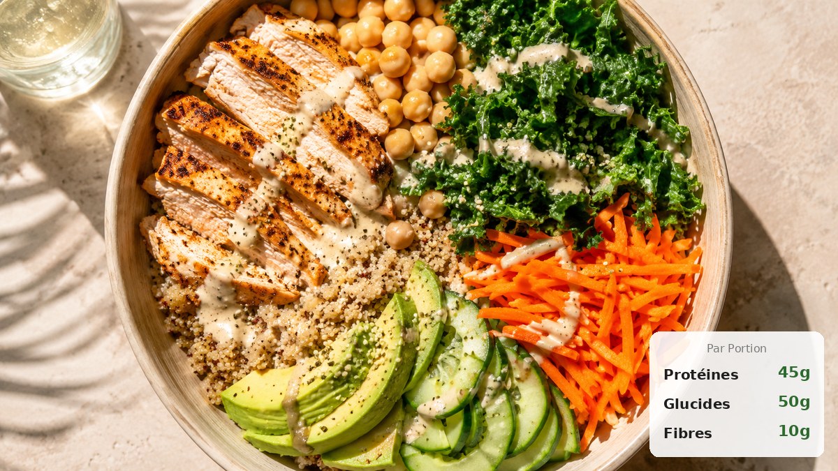 Buddha bowl protéiné poulet grillé, quinoa, pois chiches, avocat et légumes croquants dans un grand bol