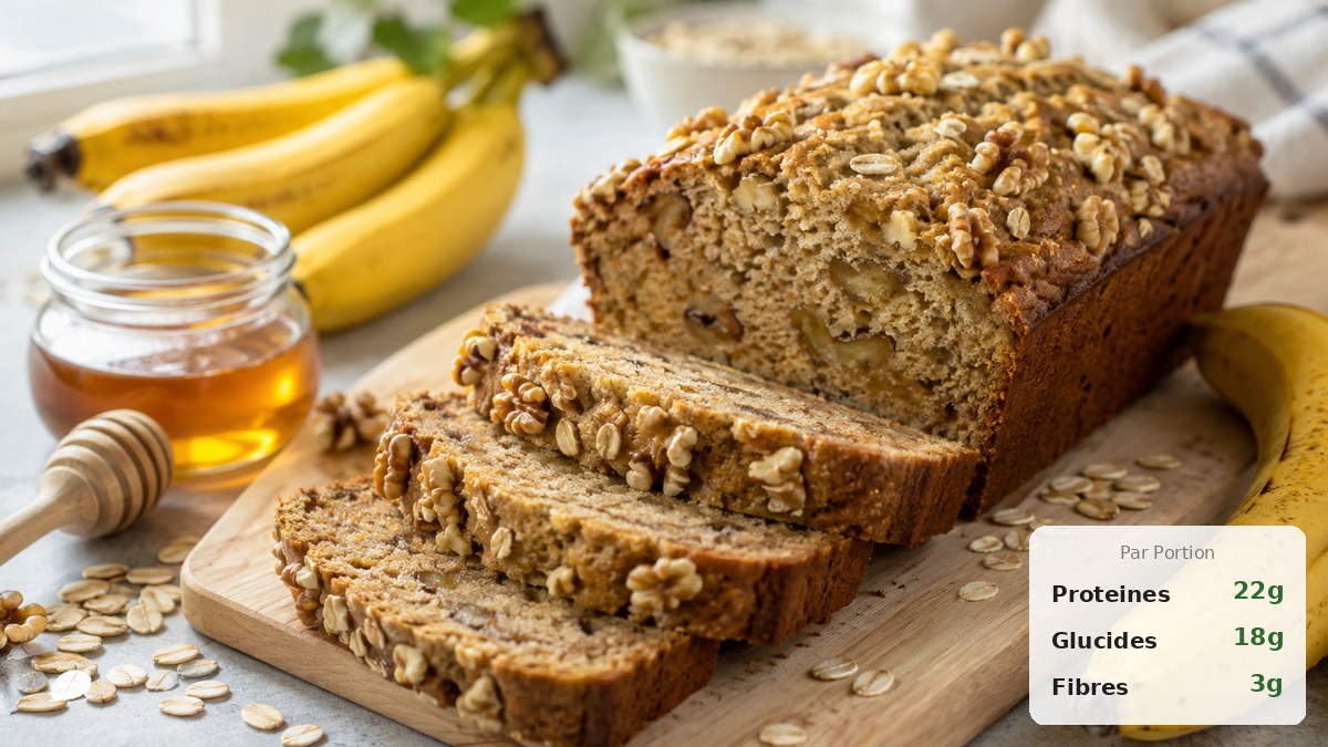 Cake protéiné banane-noix tranché sur planche en bois avec noix et flocons d'avoine autour