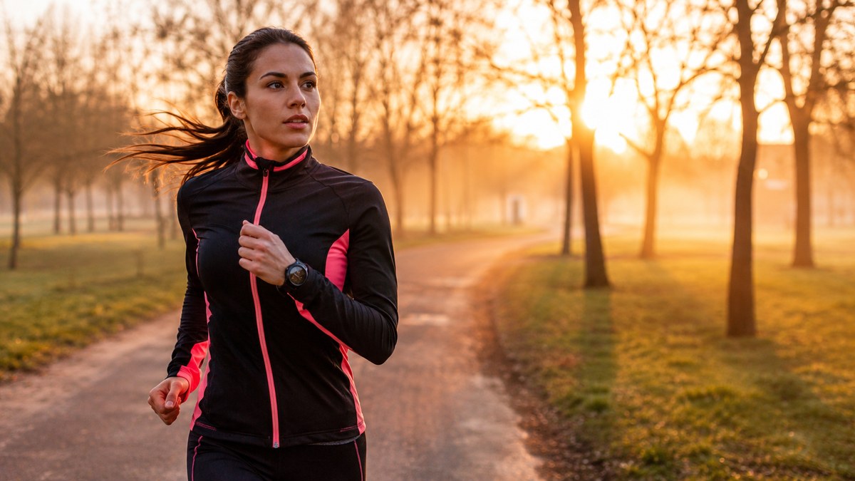Coureuse en tenue de sport à l'aube, courant sur un sentier en lisière de parc
