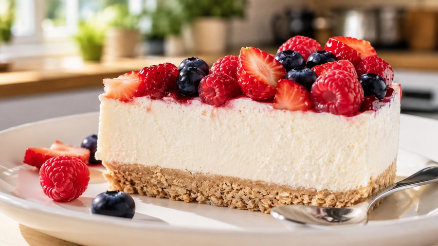 Gros plan sur une part de cheesecake protéiné de profil, base biscuitée à l'avoine, garniture crémeuse blanche et topping de fruits rouges