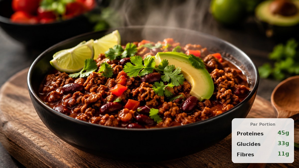 Bol de chili con carne protéiné au boeuf haché haricots rouges et poivrons avec badge macros par portion