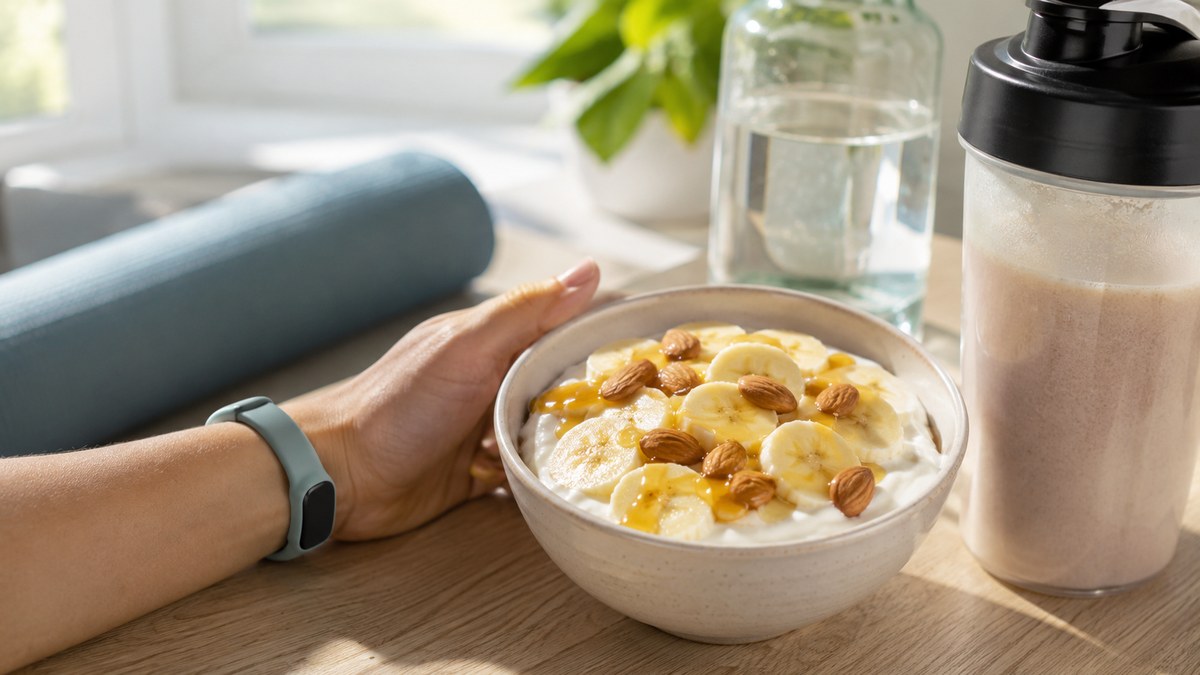 Bol de skyr avec banane, flocons d'avoine et amandes sur plan de travail bois, tenue de sport à côté
