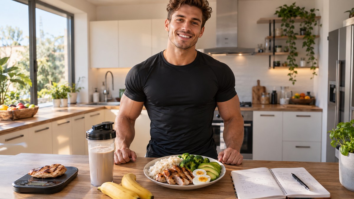 Sportif musclé souriant devant une assiette prise de masse (poulet grillé, riz, brocolis, oeufs, avocat) et une balance de cuisine