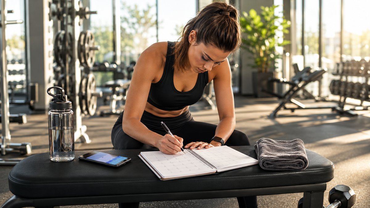 Sportive planifiant sa semaine d'entrainement dans son carnet, tapis de yoga et halteres poses a cote
