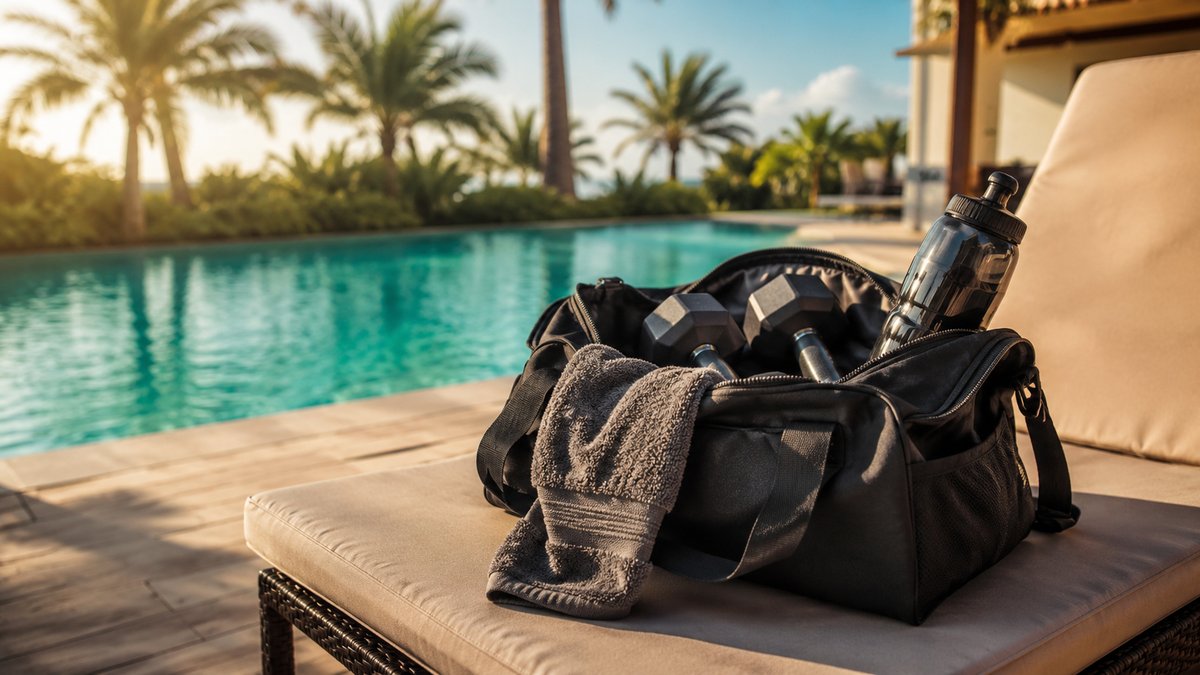 Sac de sport pose au bord d'une piscine en vacances, symbole du dilemme entre repos et entrainement