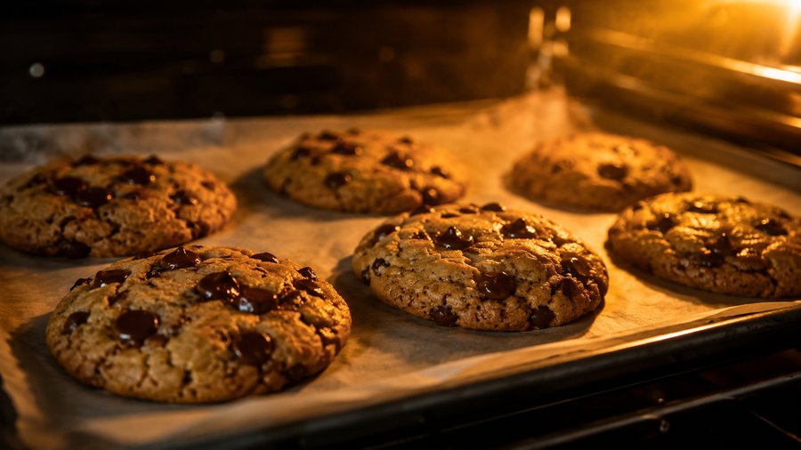Cookies protéinés en cours de cuisson sur la plaque, bords dorés et centre encore souple, pépites de chocolat fondues