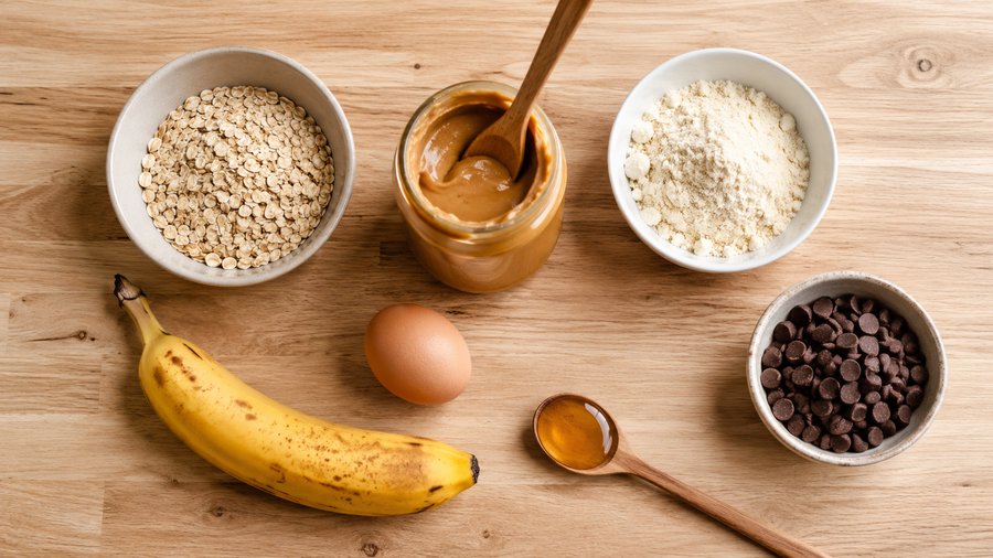 Ingrédients des cookies protéinés disposés à plat : flocons d'avoine, whey vanille, poudre d'amande, purée de cacahuète, banane, œuf, miel, pépites de chocolat noir
