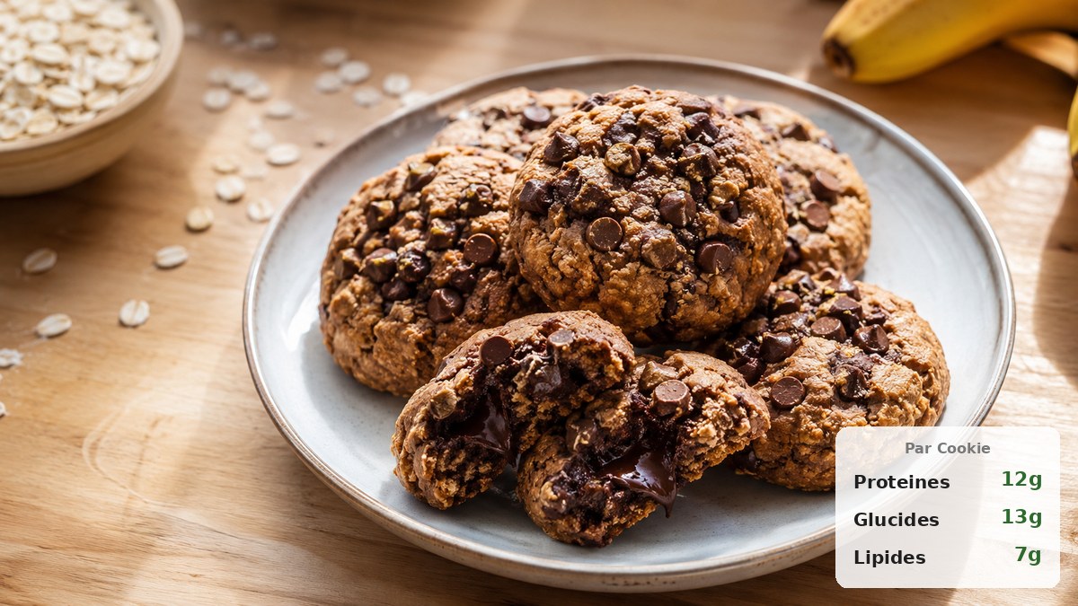 Cookies protéinés moelleux aux pépites de chocolat noir, posés sur une plaque de cuisson
