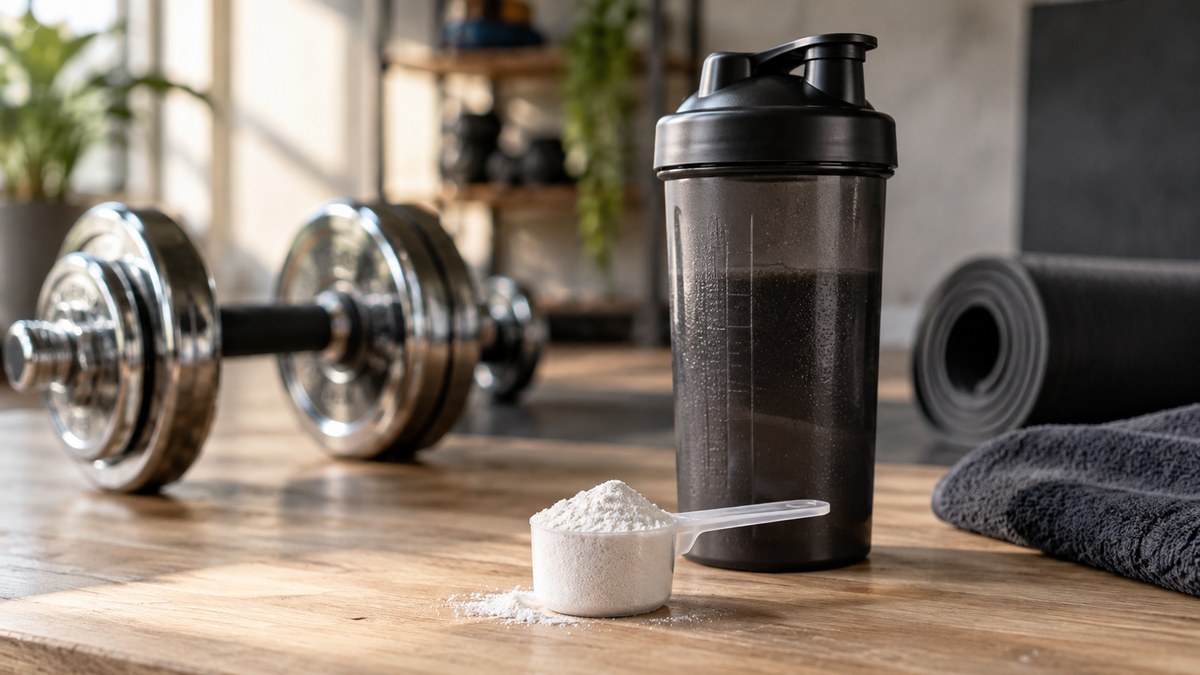 Cuillère de créatine monohydrate à côté d'un shaker et d'haltères
