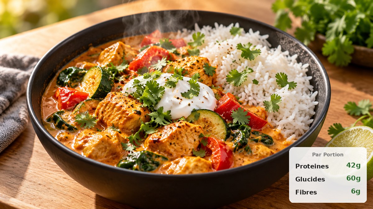 Bol de curry de poulet protéiné crémeux au lait de coco avec riz basmati, poivrons et coriandre fraîche, badge macros par portion