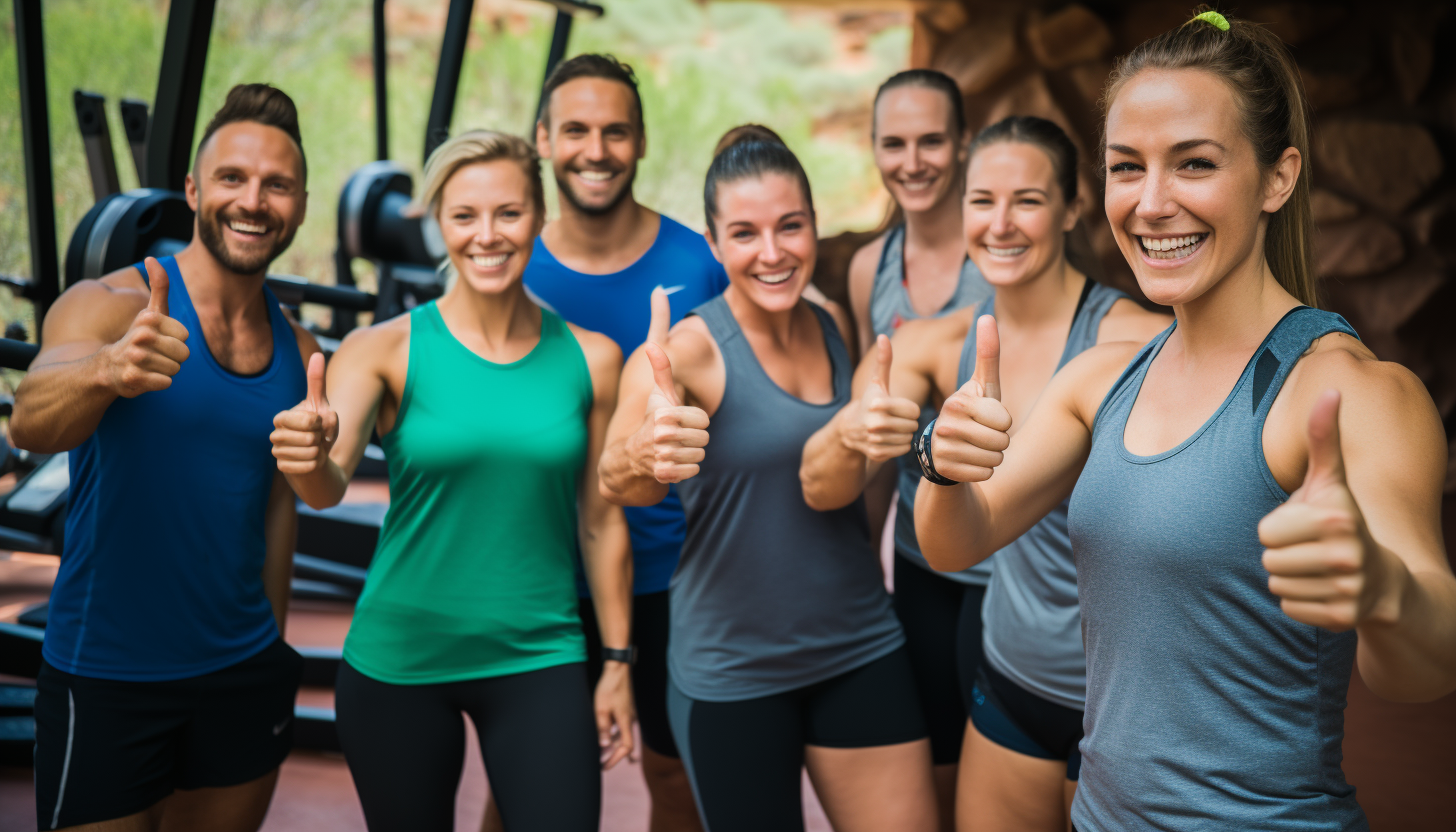 Groupe sportif souriant dans une salle lumineuse