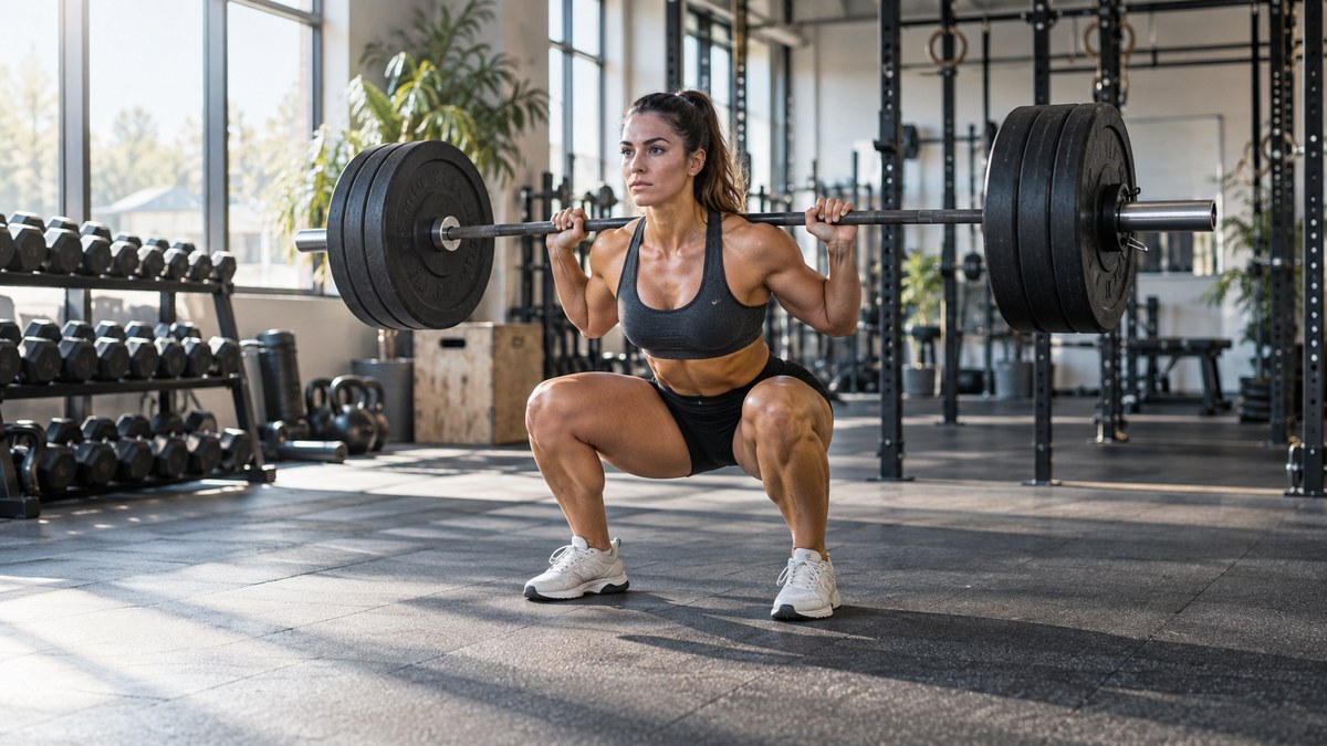 Sportive en salle de sport en position de squat avec barre chargée