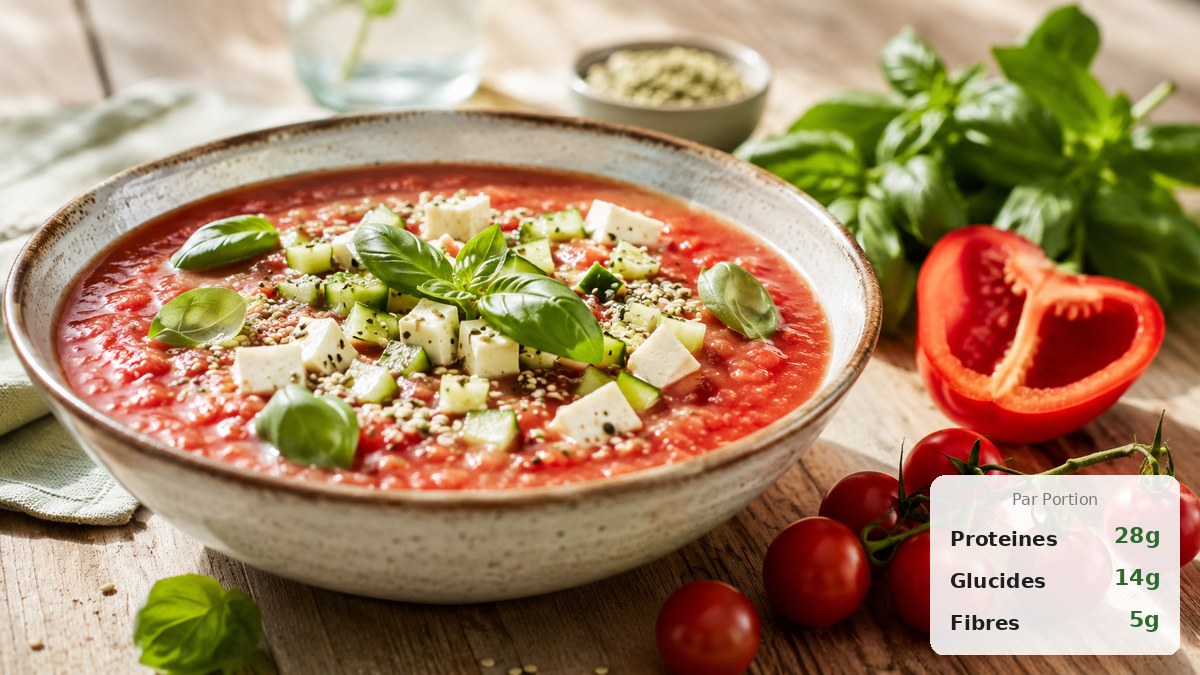 Bol de gaspacho protéiné andalou tomate, poivron et concombre garni de tofu soyeux et de graines de chanvre