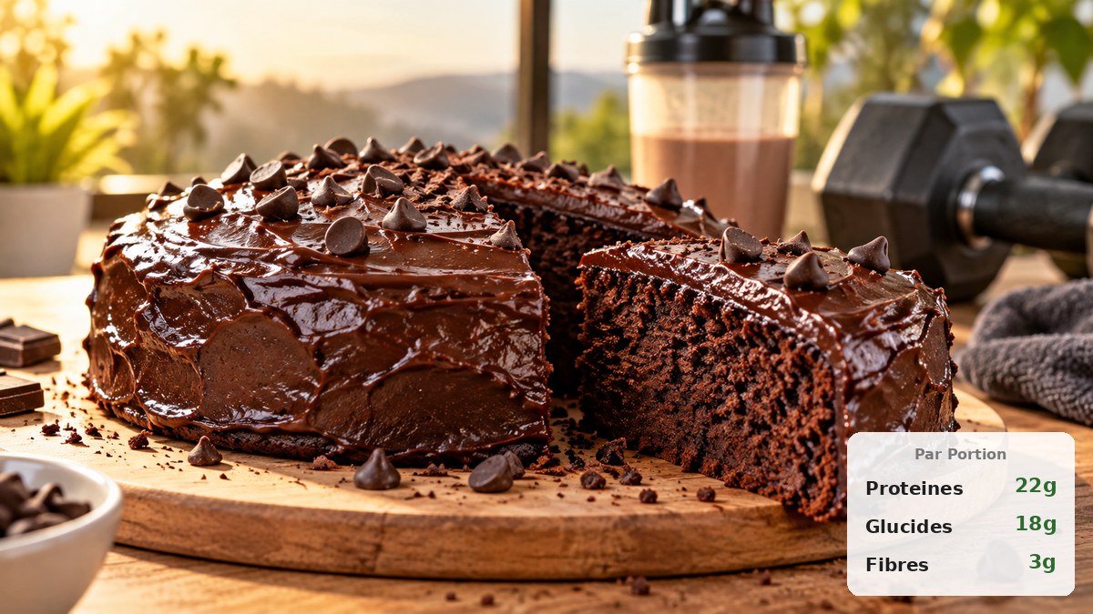 Gâteau protéiné au chocolat tranché avec une texture moelleuse et un glaçage cacao brillant