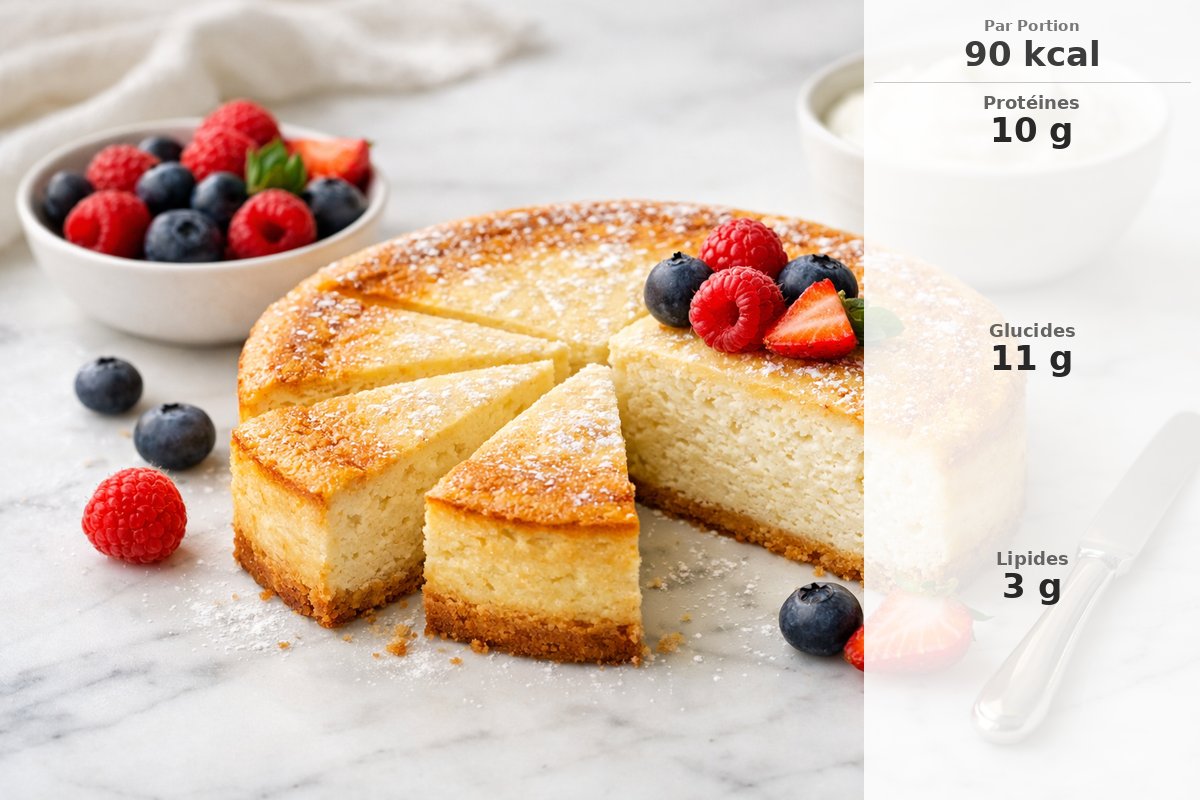 Gâteau protéiné au skyr nature tranché avec une texture moelleuse et aérienne