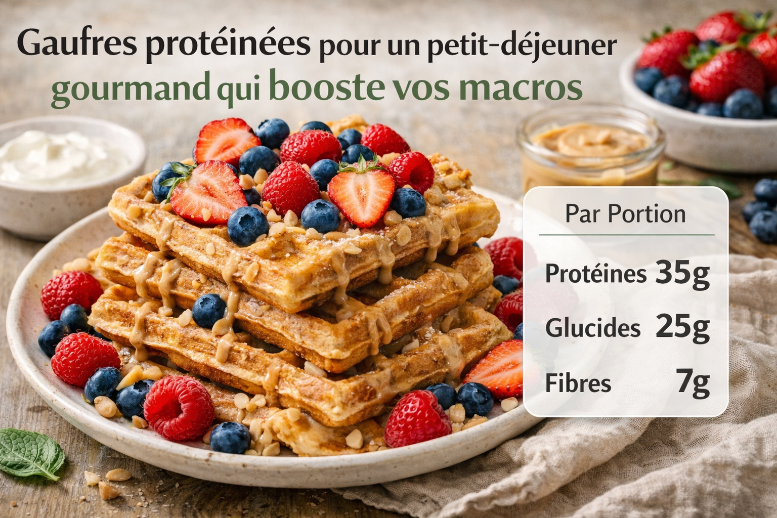 Gaufres protéinées dorées et croustillantes servies avec des fruits frais
