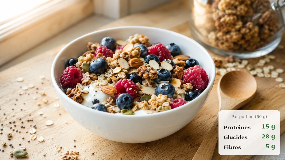 Granola protéiné maison doré dans un bol en céramique avec skyr myrtilles et graines de courge
