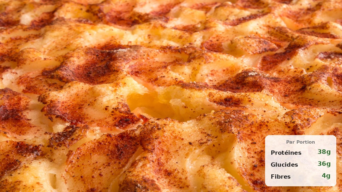 Hachis parmentier protéiné doré au four avec purée crémeuse et viande hachée savoureuse, badge macros par portion