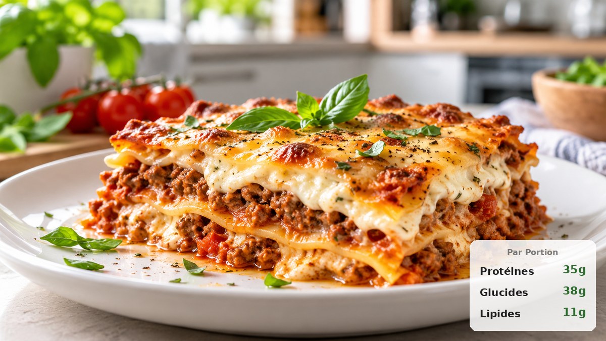 Part de lasagnes protéinées au bœuf haché maigre fromage blanc et mozzarella avec badge macros par portion