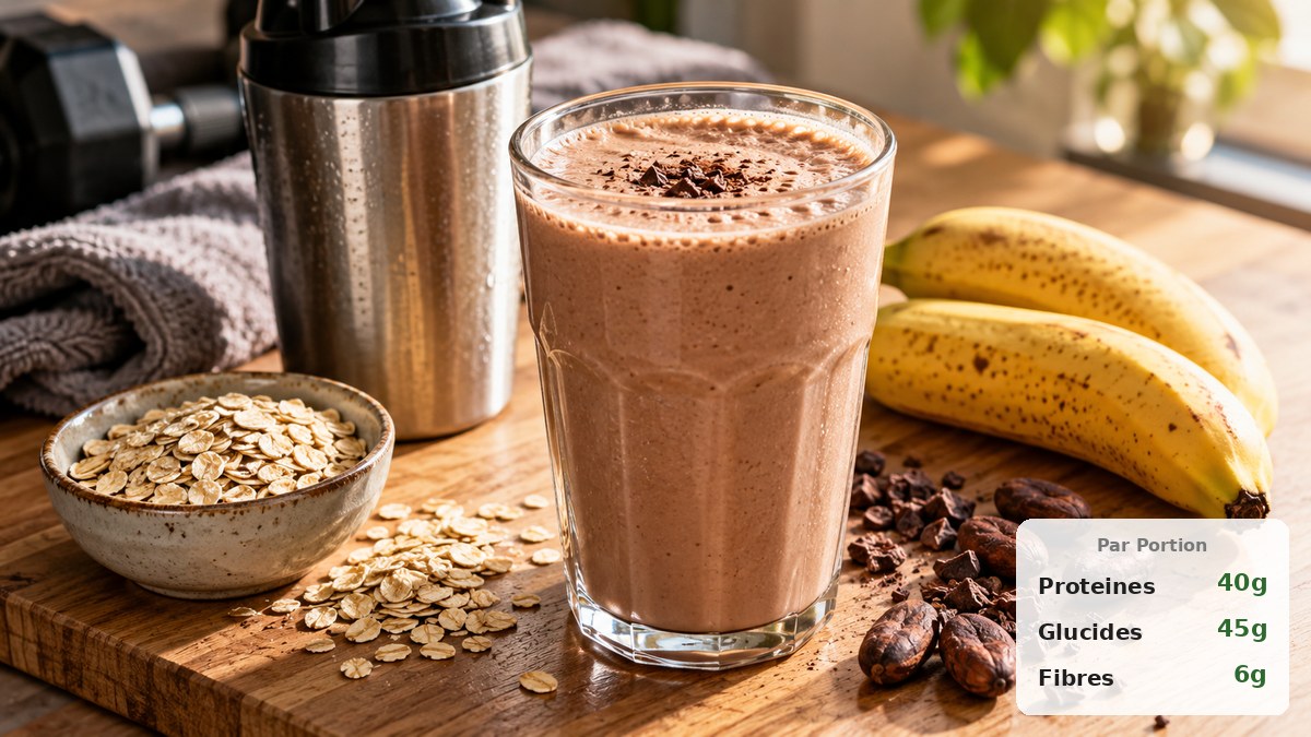 Verre de shake protéiné crémeux banane-cacao sur un plan de travail avec shaker, bananes et flocons d'avoine