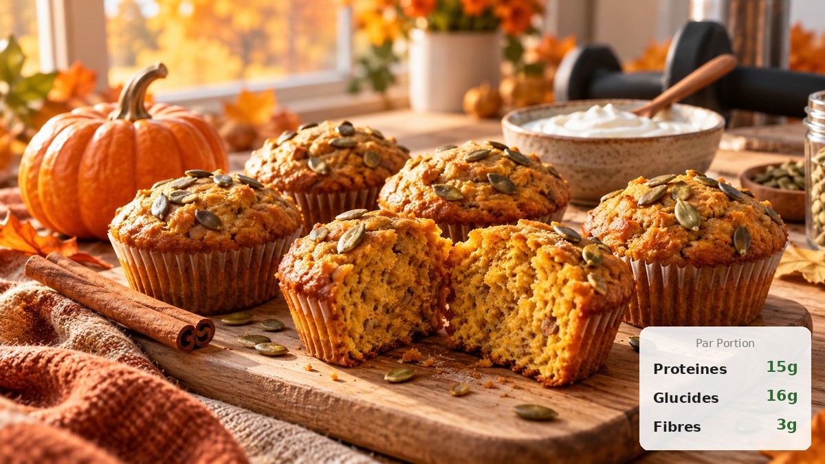 Muffins au potiron protéinés dorés sur une planche en bois, cannelle et graines de courge en décoration