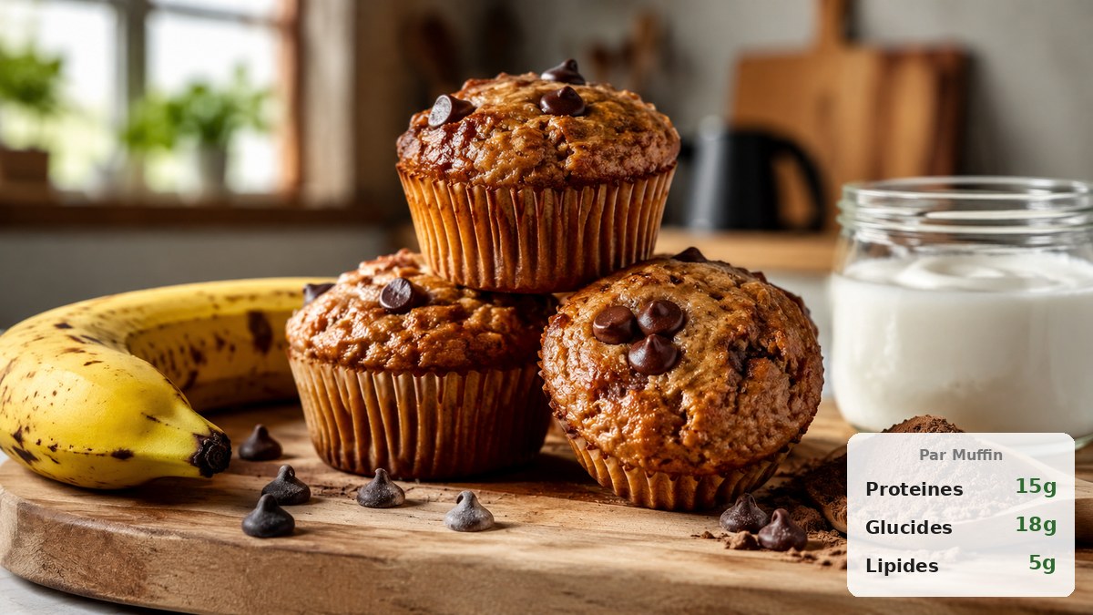 Muffins protéinés banane et cacao sortis du four, empilés sur une planche en bois avec des amandes