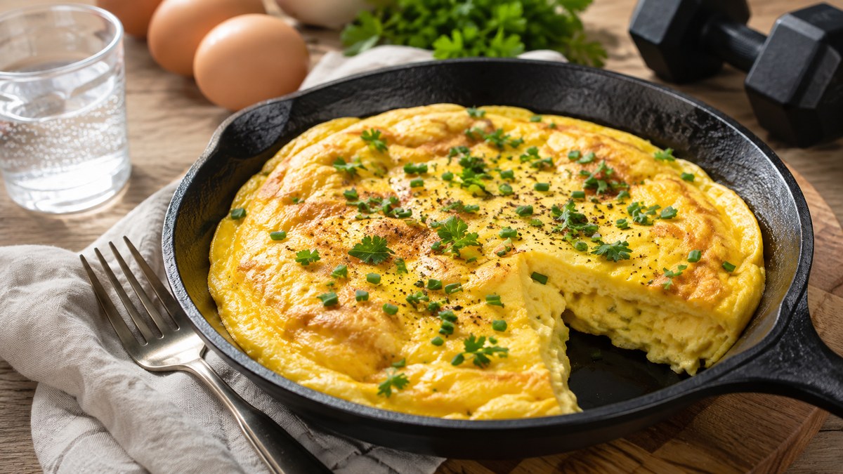 Omelette de 3 œufs dorée dans une poêle noire avec fourchette, sur plan de travail en bois