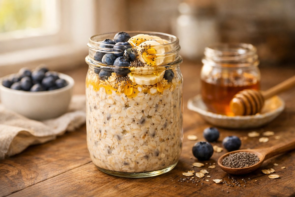 Pot d'overnight oats protéinés garni de fruits frais et graines sur un plan de travail en bois