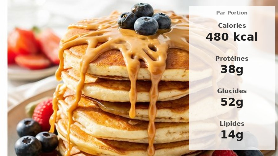 Pile de pancakes protéinés nappés de beurre de cacahuète avec macros par portion
