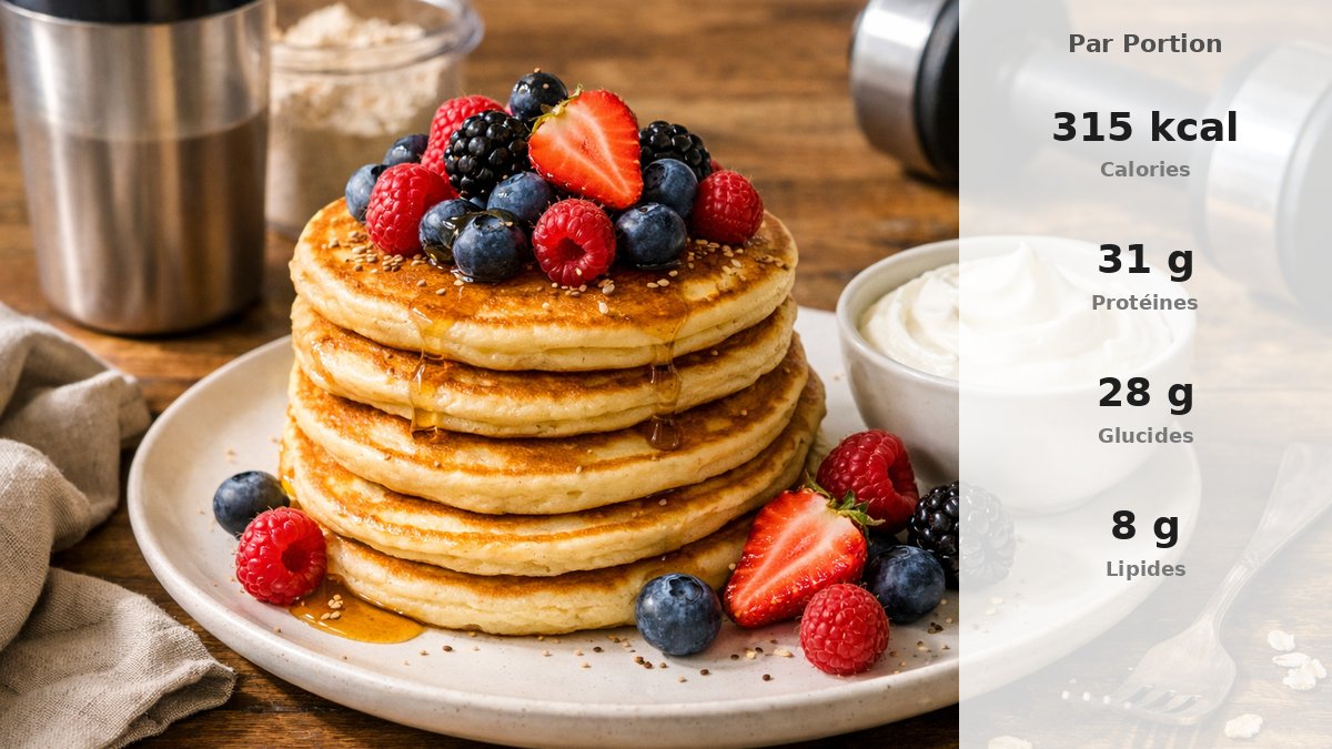 Pancakes protéinés dorés garnis de fruits rouges et de yaourt, servis dans une assiette blanche