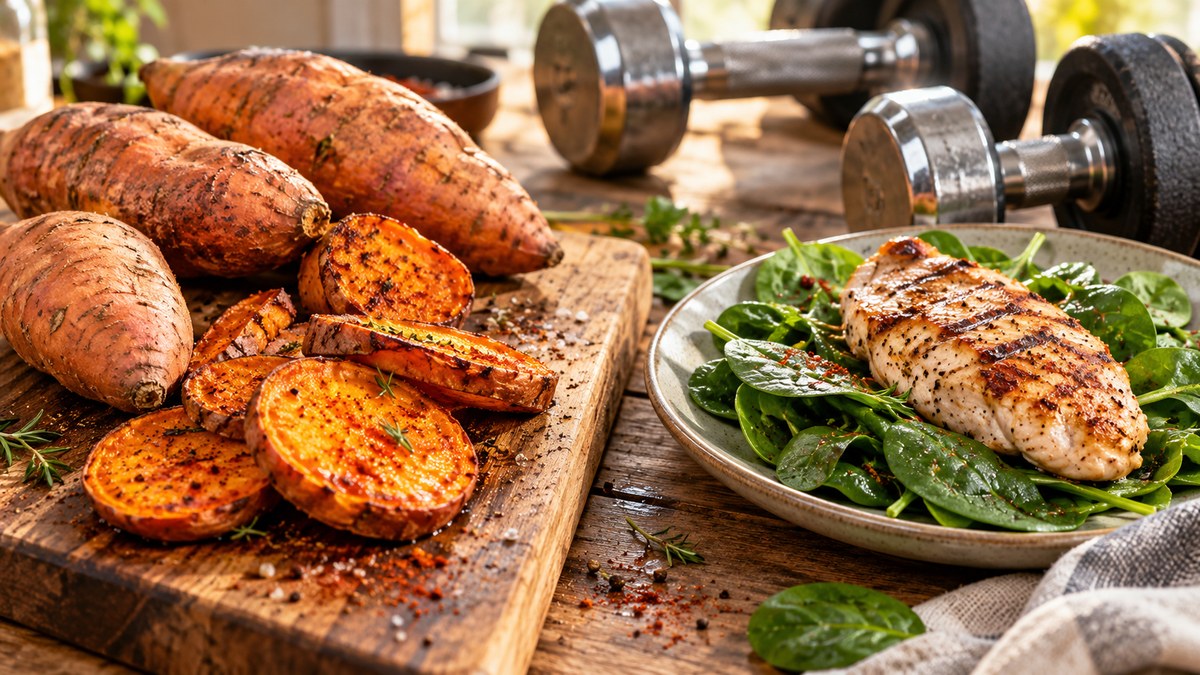 Patates douces entières et tranches rôties au four sur plan de travail en bois, assiette de poulet grillé et épinards en arrière-plan