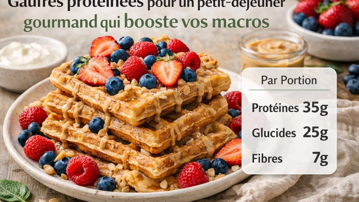 Table de petit-déjeuner avec pancakes protéinés, oeufs brouillés et smoothie