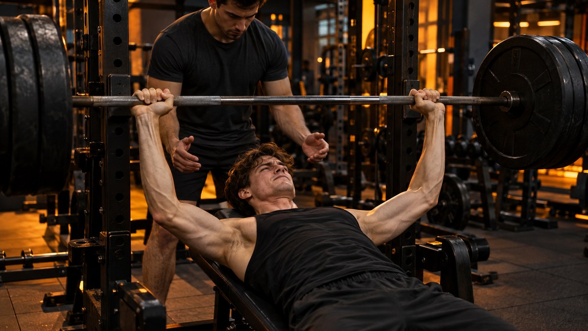 Homme mince à la morphologie ectomorphe en salle de musculation soulevant une barre lourde au développé couché
