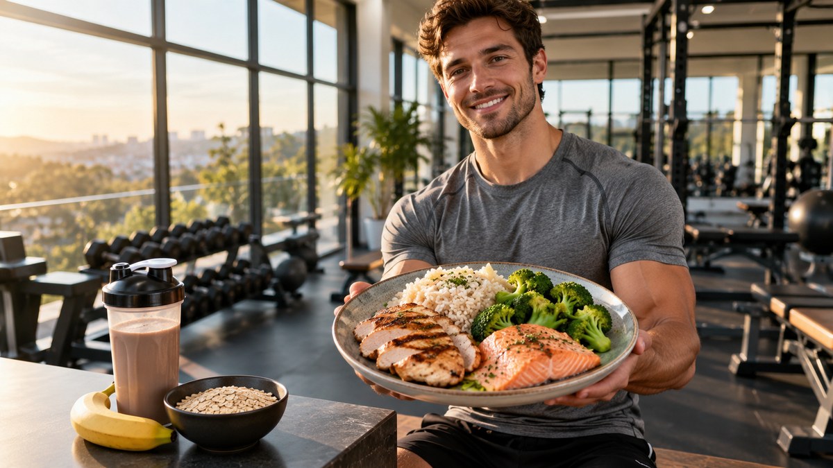 Homme athlétique en salle de sport tenant une assiette équilibrée protéines-glucides-légumes après un développé couché