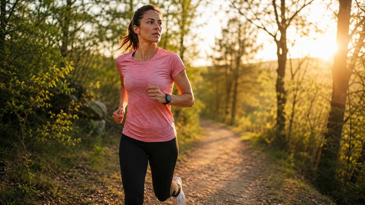 Coureuse débutante en tenue de sport sur un sentier ensoleillé en pleine campagne
