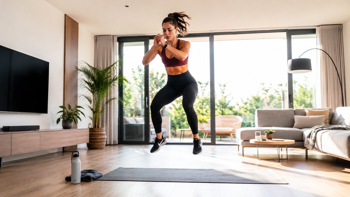 Femme en tenue de sport qui réalise un exercice de HIIT dans son salon