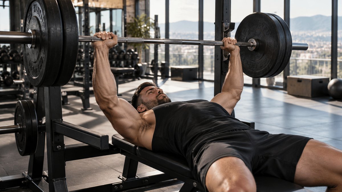 Homme musclé exécutant un développé couché avec barre chargée en salle de sport