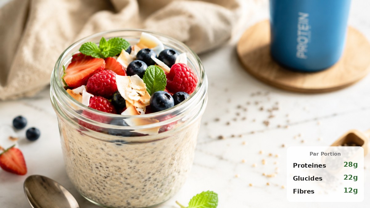 Pudding chia protéiné dans un bocal avec fruits rouges et amandes, plan de travail clair