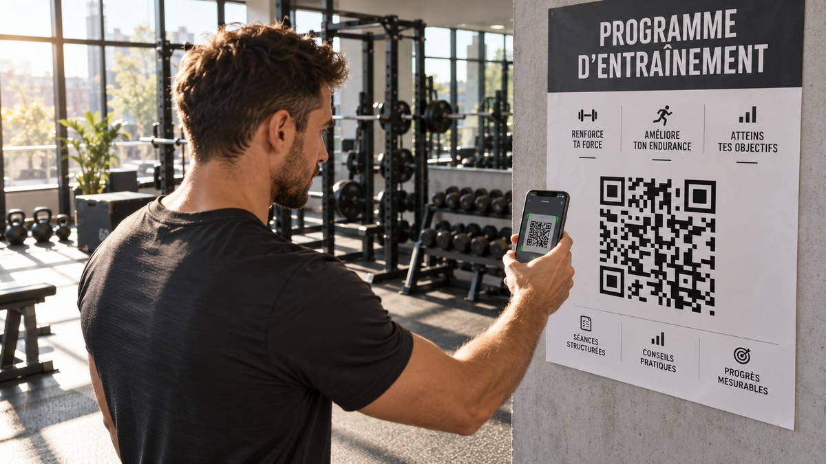 Coach sportif scannant un QR code sur une affiche de programme d'entraînement dans une salle de musculation moderne