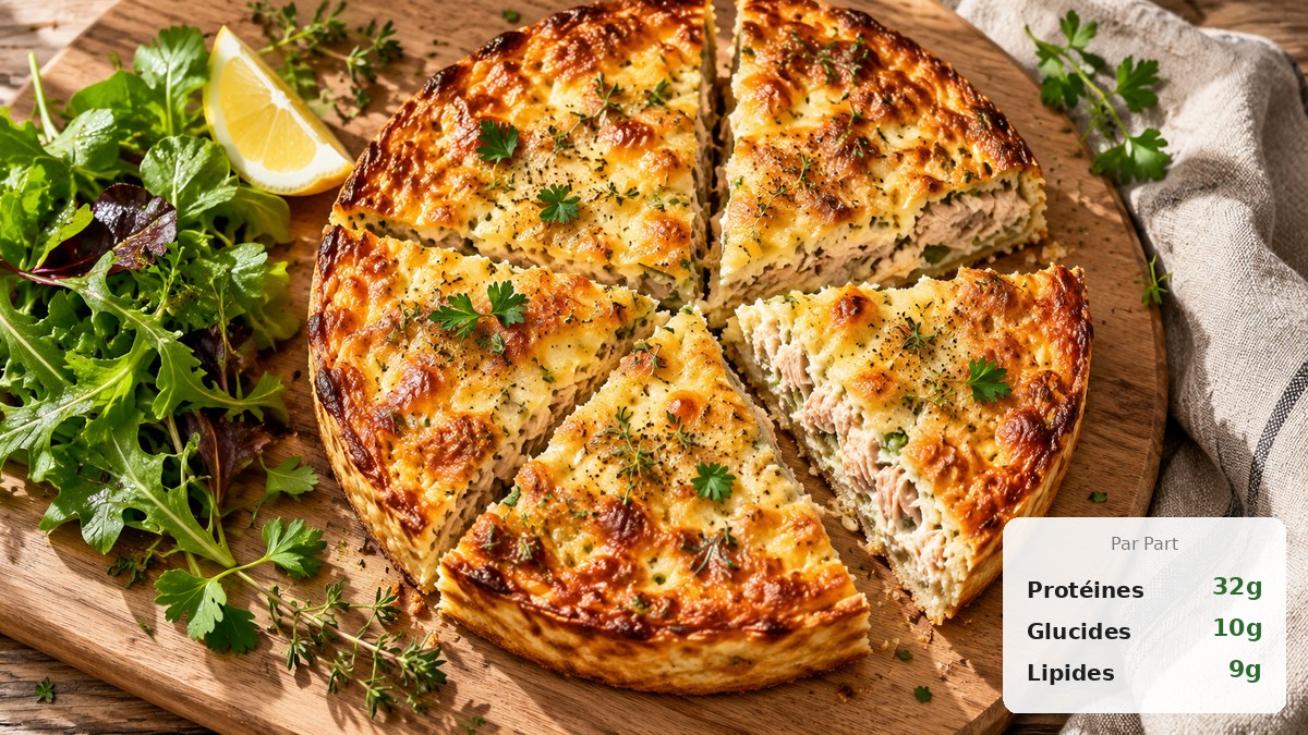 Quiche protéinée sans pâte dorée sur une planche en bois avec garniture de thon, épinards et fromage