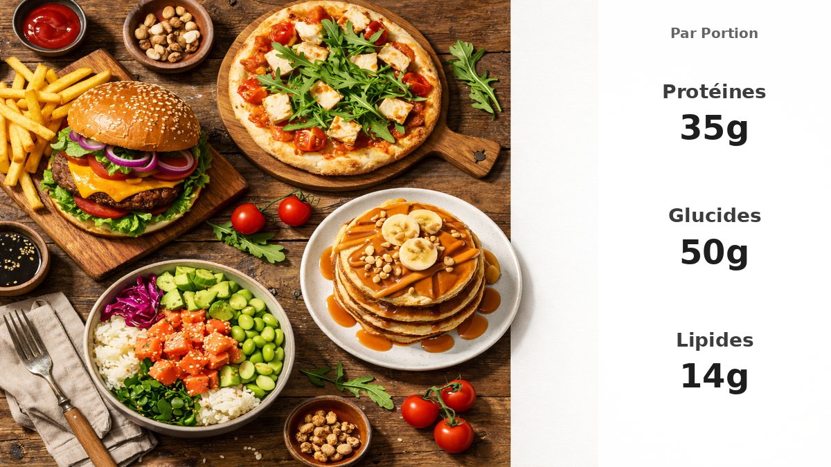 Table avec plusieurs plats cheat meal sains et colorés avec macros par portion