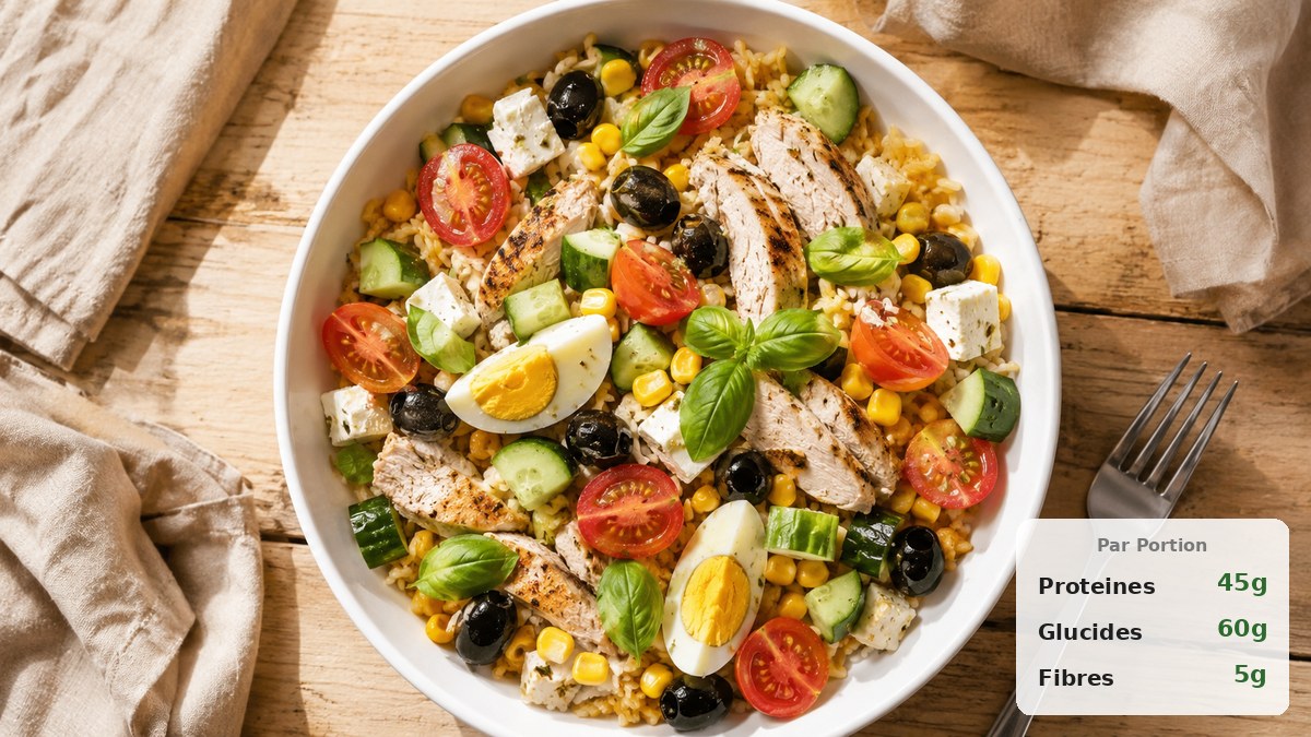 Salade de riz au poulet, œufs durs, feta, tomates cerises et olives dans un bol blanc