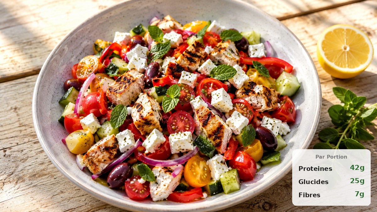 Salade grecque au poulet grillé, feta, tomates cerises, concombre, olives kalamata et oignon rouge dans un bol blanc