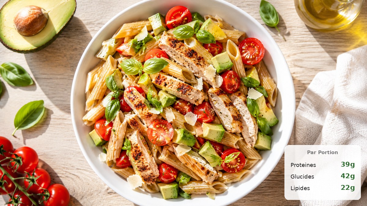 Salade de pâtes au poulet, tomates cerises, parmesan et basilic frais dans un bol blanc