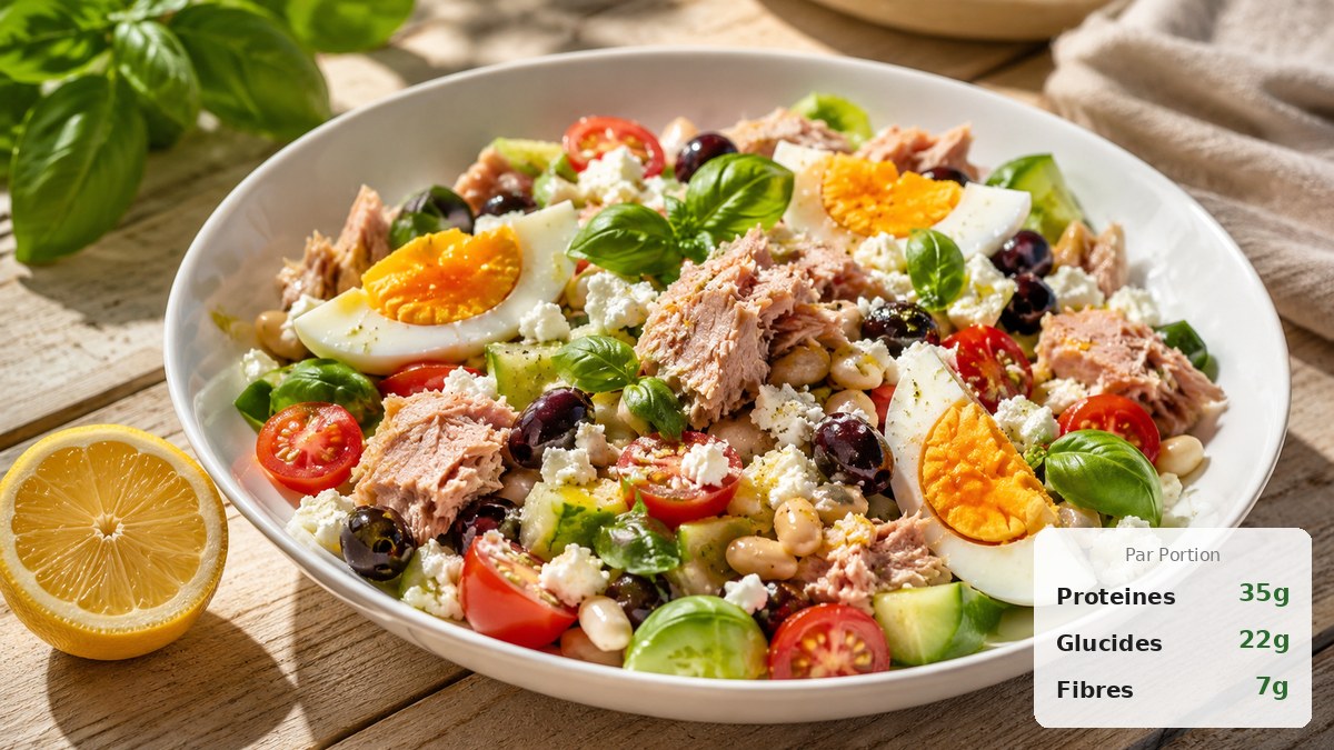 Salade de thon protéinée avec haricots blancs oeufs durs tomates et olives dans un grand bol