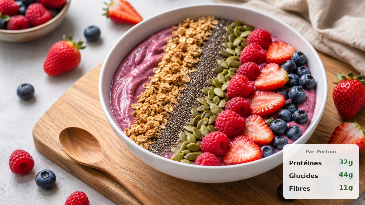 Smoothie bowl protéiné aux fruits rouges avec granola, graines de chia et framboises fraîches